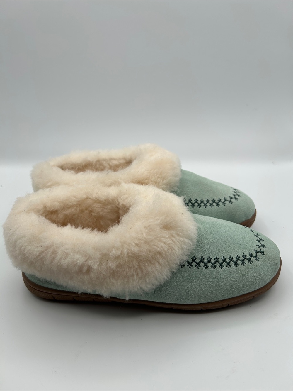 Lands End Mint Green Suede Embroidery Details Moccasin Slip On Shearling Lining - Picture 6 of 14